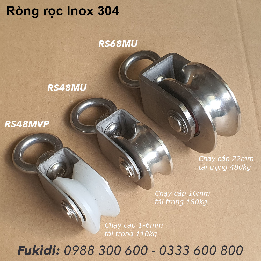 Ròng rọc inox 304, chạy cáp 6-22mm, tải 480kg - RS68MU 