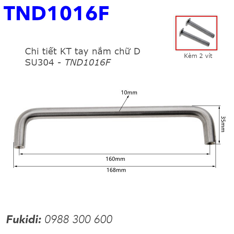 Tay nắm chữ D, inox 304, M10 tâm vít 160mm - TND1016F