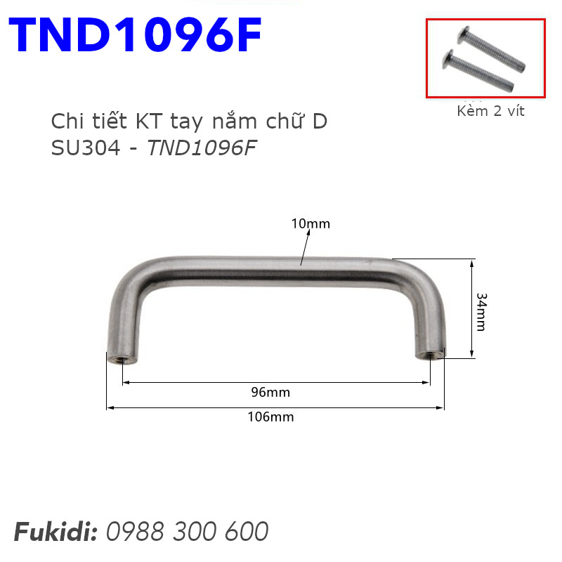 Tay nắm chữ D, inox 304, M10 tâm vít 96mm - TND1096F