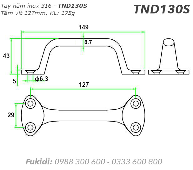 Tay nắm cửa, tay vịn trên cano, inox 316, dài 127mm - TND130S