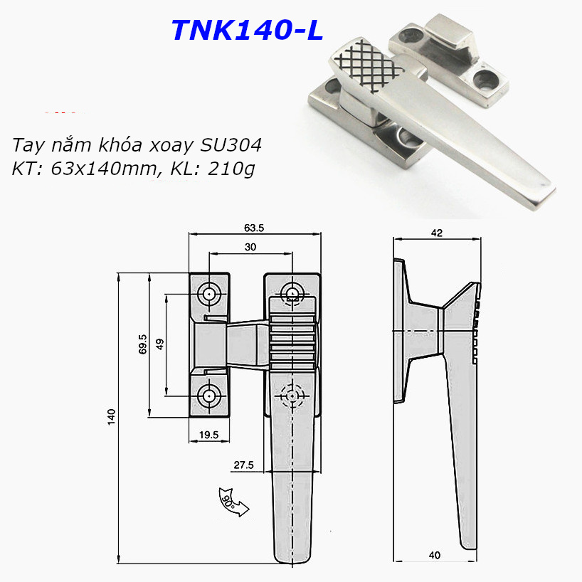 Tay nắm và khóa cửa tủ xoay, inox 304, dài 140mm - TNK140