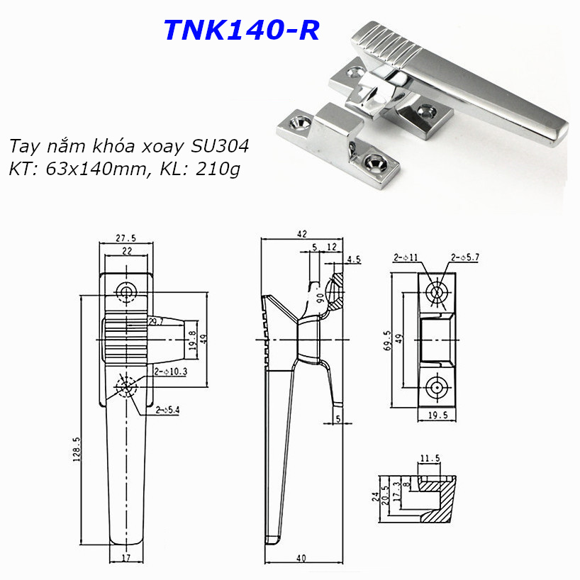 Tay nắm và khóa cửa tủ xoay, inox 304, dài 140mm - TNK140