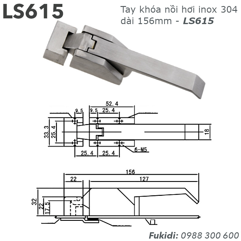 Tay khóa nồi hơi inox 304, dài 156mm - LS615