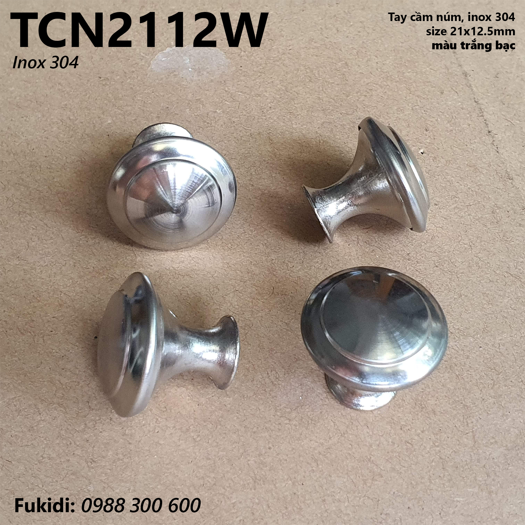 Tay cầm núm, tay nắm tròn size 21x12,5mm, chất liệu inox 304 màu trắng - TCN2112W