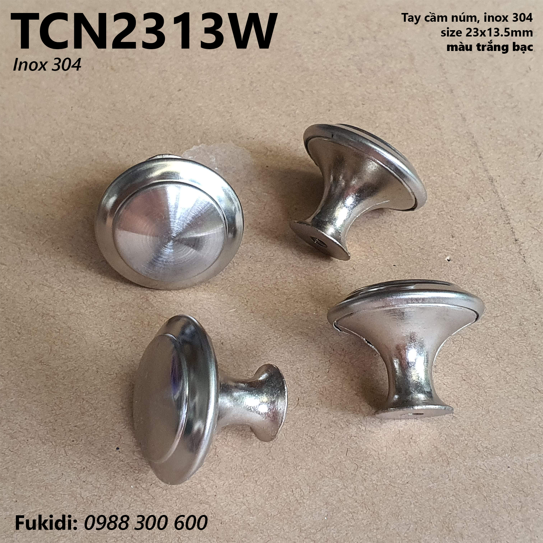 Tay cầm núm, tay nắm tròn size 23x13,5mm, chất liệu inox 304 màu trắng - TCN2313W