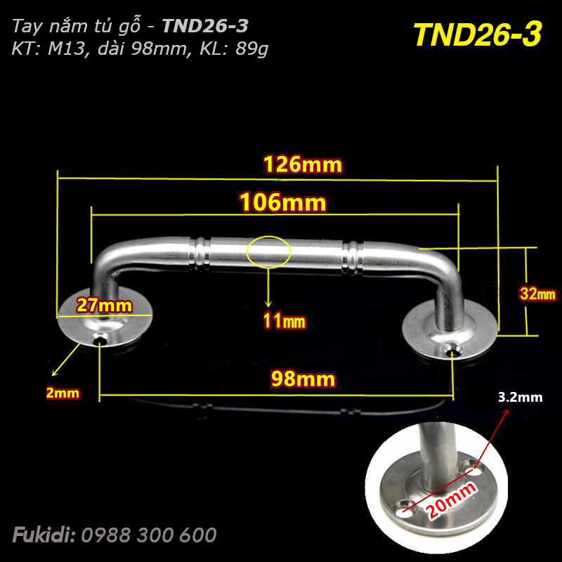 Tay nắm hộc tủ, cửa tủ gỗ, thép không gỉ, KT M11 dài 98mm - TND26-3