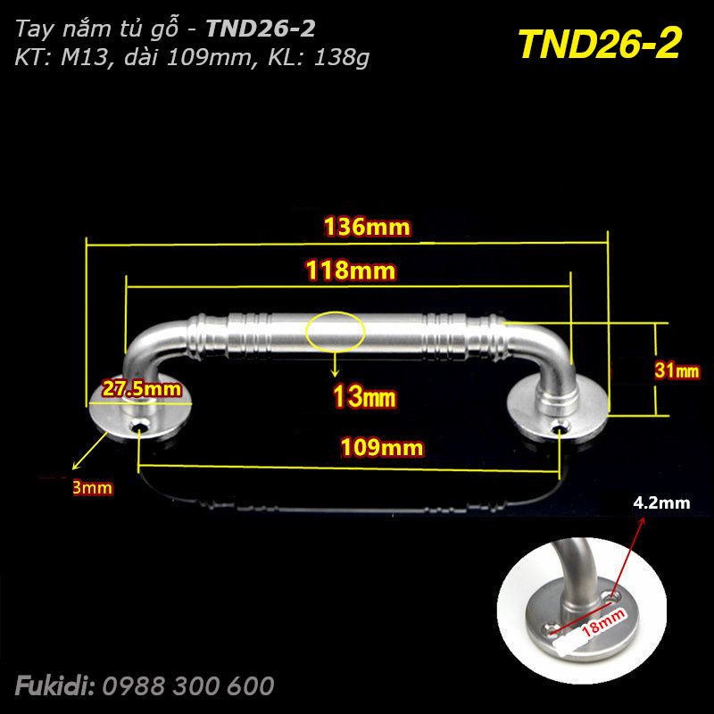 Tay nắm cửa tủ gỗ, hộc tủ, thép không gỉ, KT M13 dài 109mm - TND26-2