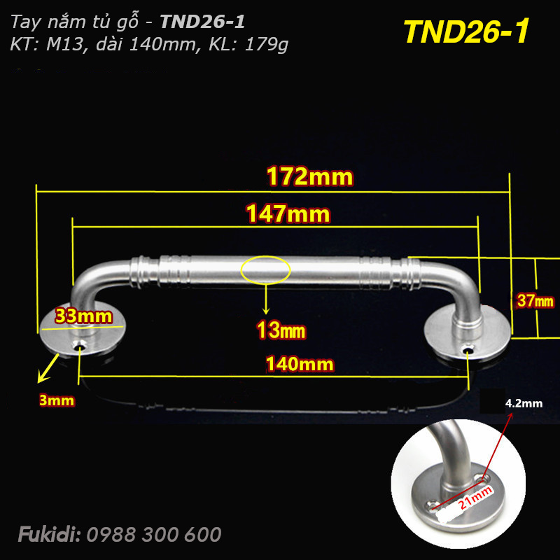 Tay nắm cửa tủ gỗ, thép không gỉ, KT M13 dài 140mm - TND26-1