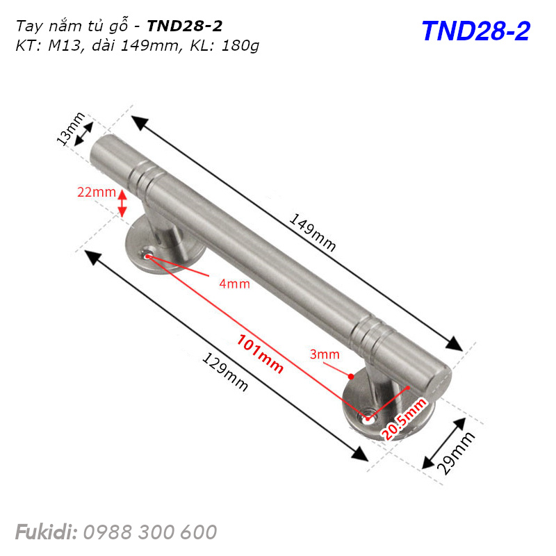 Tay nắm cửa tủ, hộc tủ, thép không gỉ, KT: M13 dài 149mm - TND28-2