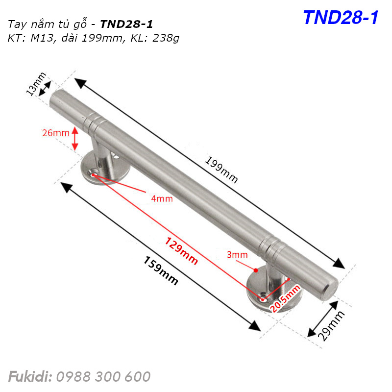 Tay nắm hộc tủ, cửa tủ gỗ, thép không gỉ, KT: M13 dài 199mm - TND28-1