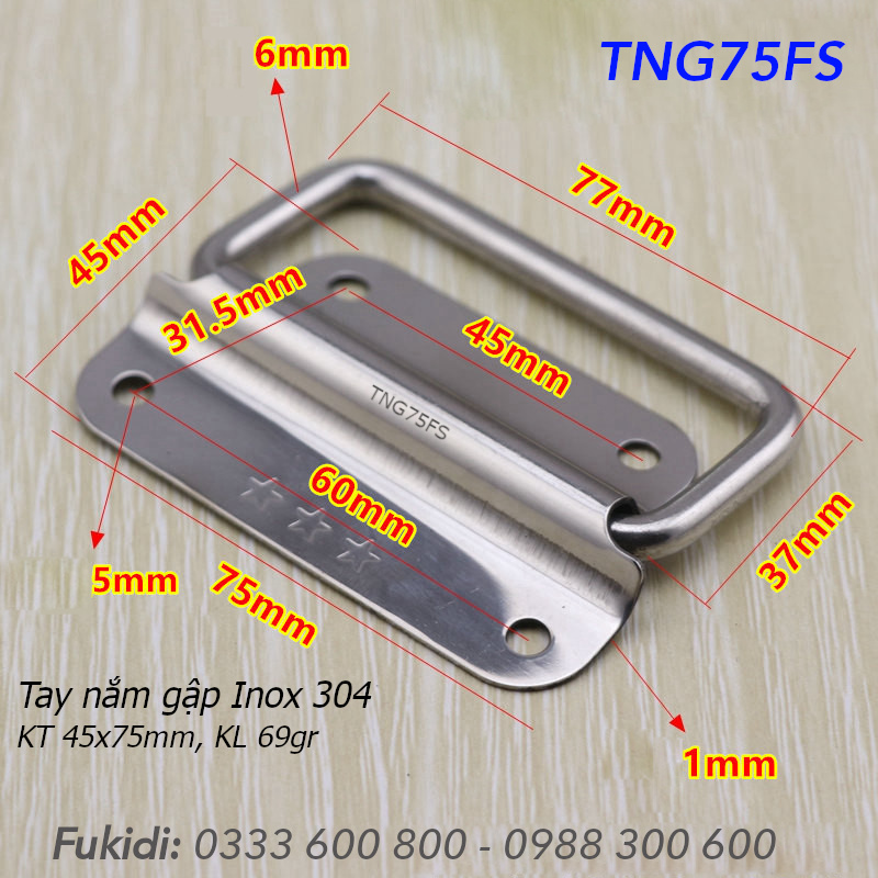 Tay nắm gập, tay nắm hộp gỗ, inox 304, KT 45x75x1mm - TNG75FS