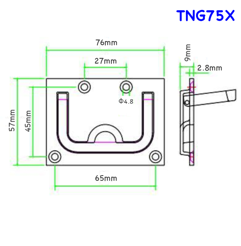 Tay nắm gập inox 316, KT 76x57, dày 2.8mm, bề mặt sáng bóng - TNG75X