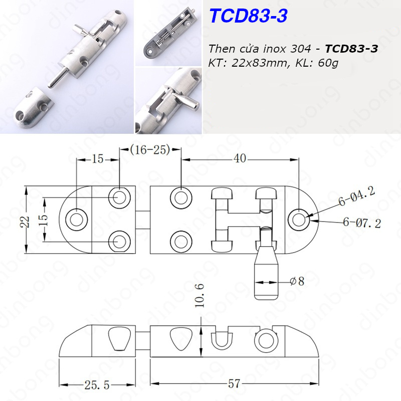 Then cửa inox 304 dạng đúc khối KT 22x83mm - TCD83-3