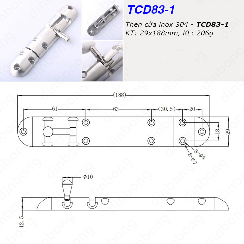Then cửa inox 304 dạng đúc khối KT 29x188mm - TCD83-1