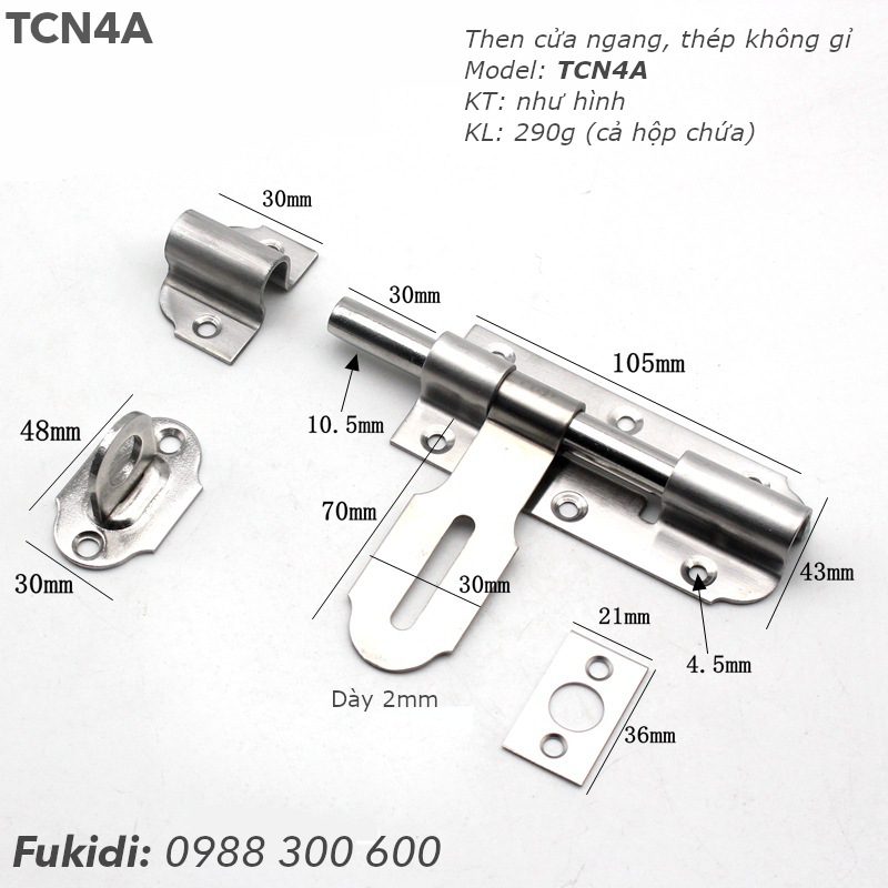 Then cửa ngang, thép không gỉ, M10 dài 105mm - TCN4A