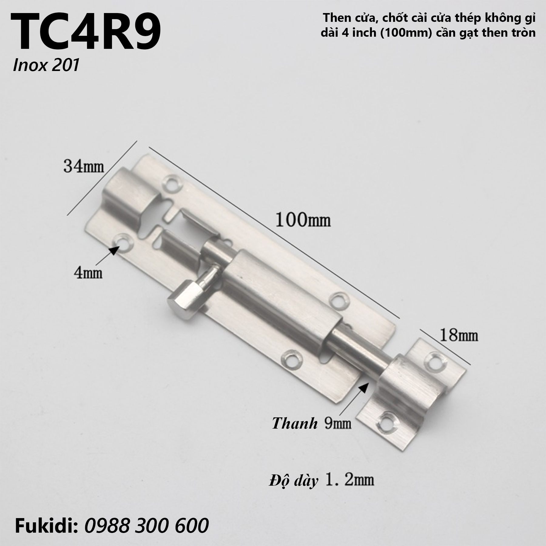 Then cửa, chốt gài cửa inox 201 dài 4 inch, cần gạt then tròn phi 9mm - TC4R9