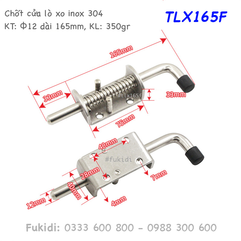 Chốt cửa thùng xe, chốt lò xo tự giữ, SU304, M12 dài 165mm - TLX165F
