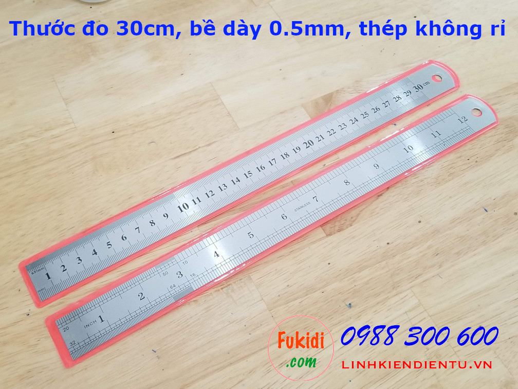 Thước kim loại đo chiều dài từ 0-30cm, bề dày 0.5mm, chất liệu thép không rỉ