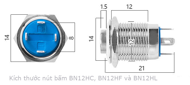 BN12HF Nút nhấn vỏ kim loại phi 12mm, chống thấm nước