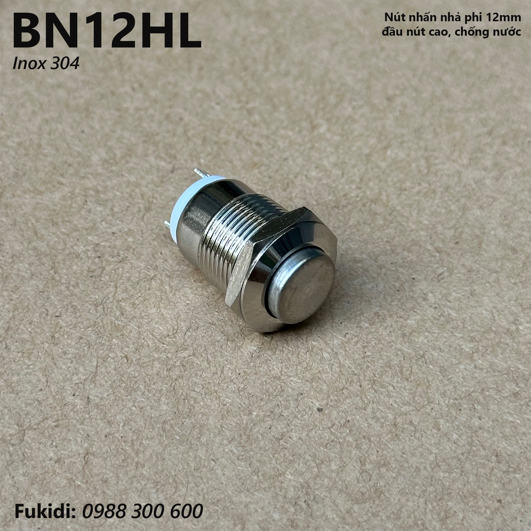 Nút nhấn nhả inox 304 phi 12mm, đầu nút cao, chống thấm nước - BN12HL