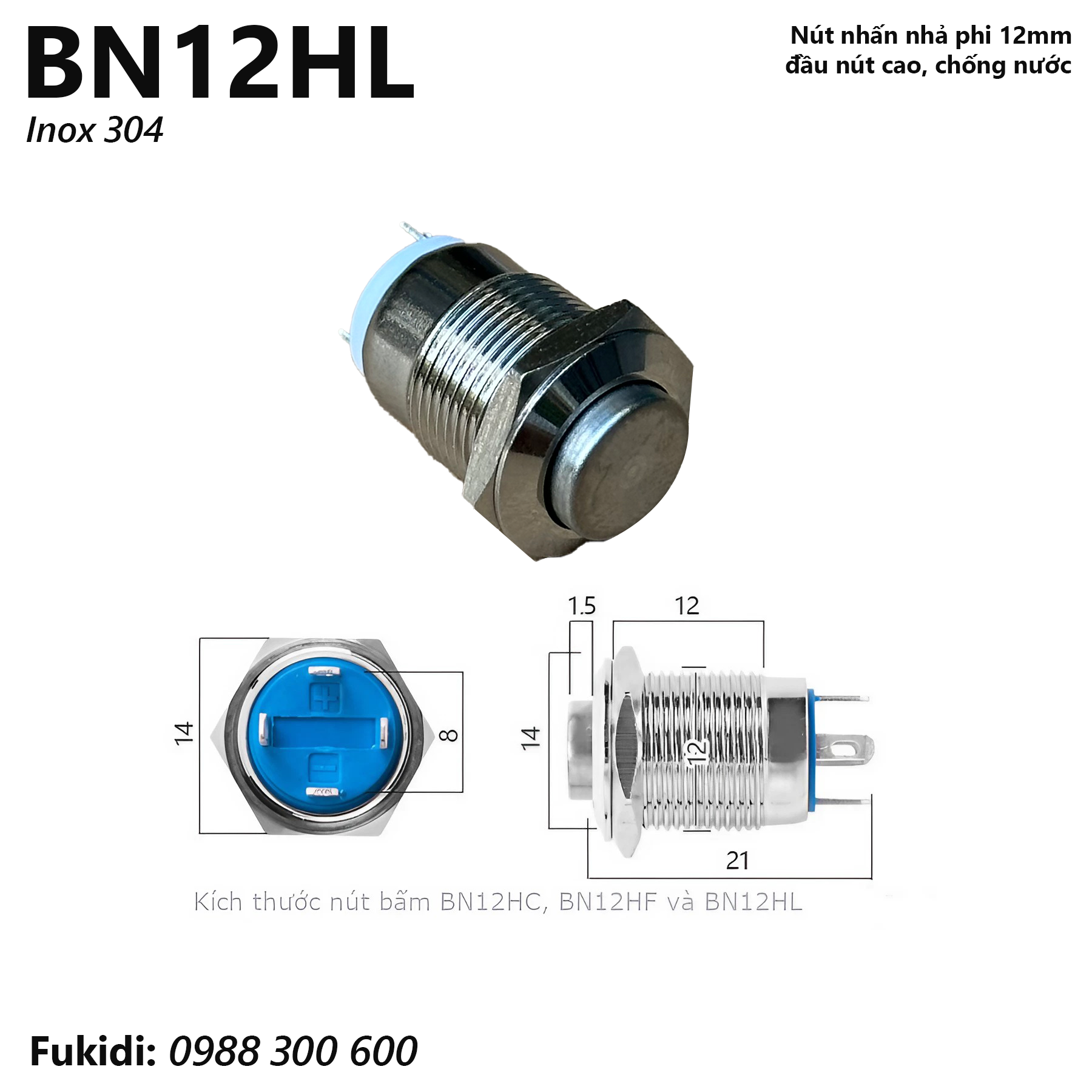 Nút nhấn nhả inox 304 phi 12mm, đầu nút cao, chống thấm nước - BN12HL