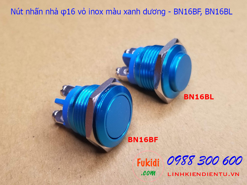 Nút nhấn nhả φ16mm vỏ inox màu xanh dương đầu bằng - BN16BF