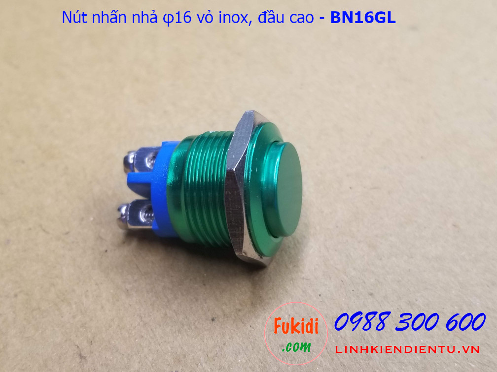 Nút nhấn nhả φ16mm vỏ inox màu xanh lá đầu cao - BN16GL