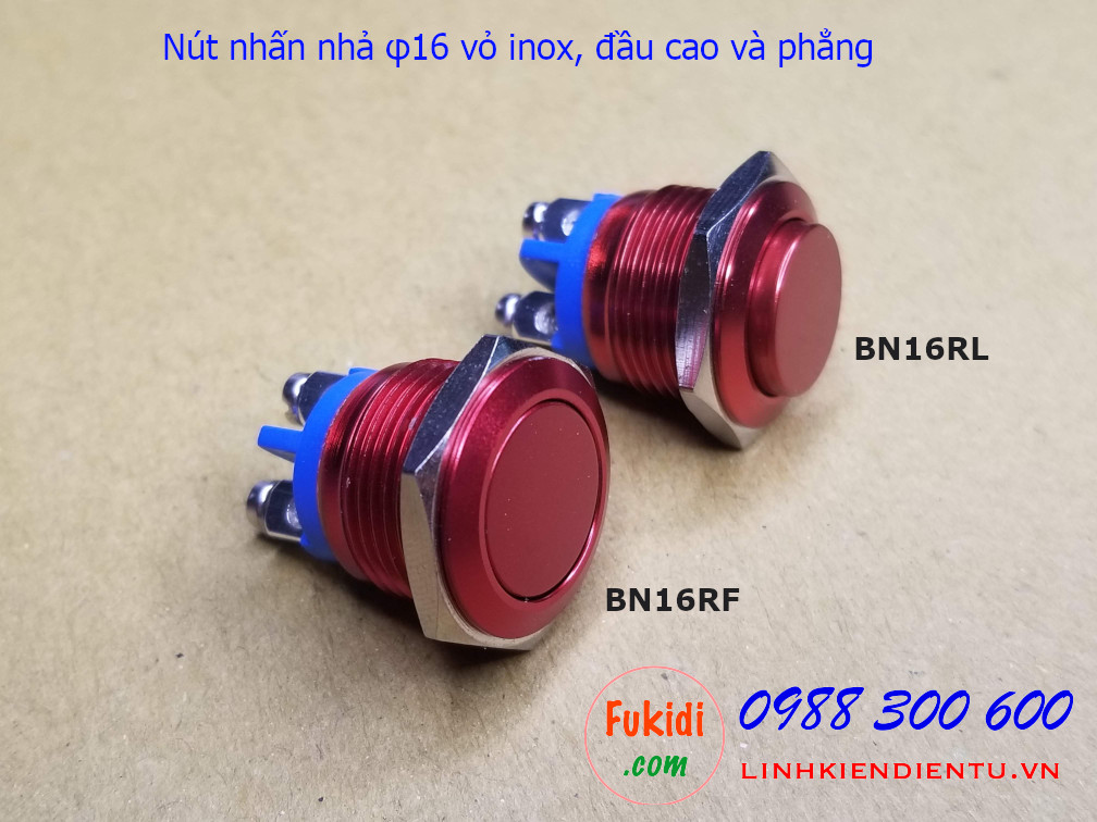 Nút nhấn nhả φ16mm vỏ inox màu đỏ đầu bằng - BN16RF