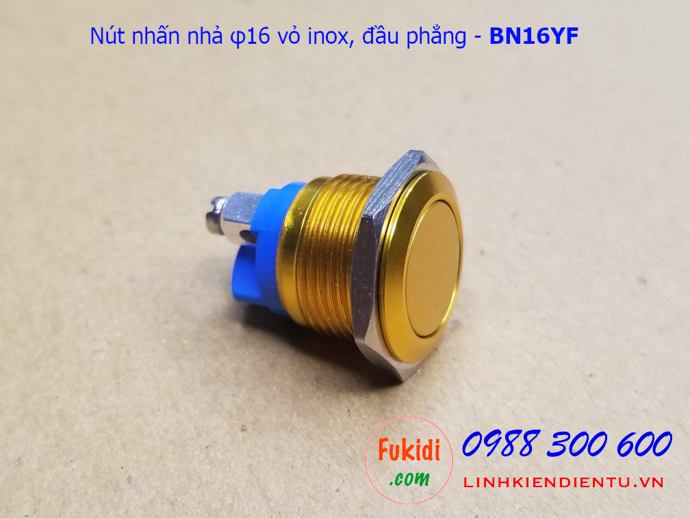 Nút nhấn nhả φ16mm vỏ inox màu vàng đầu bằng - BN16YF