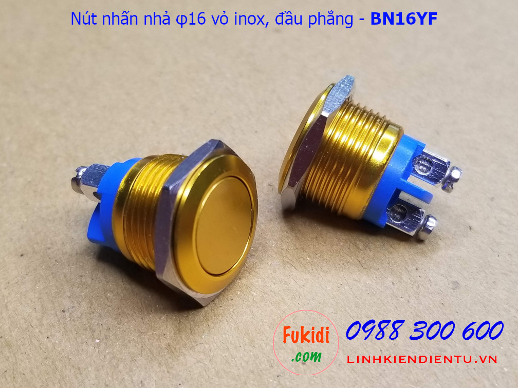 Nút nhấn nhả φ16mm vỏ inox màu vàng đầu bằng - BN16YF