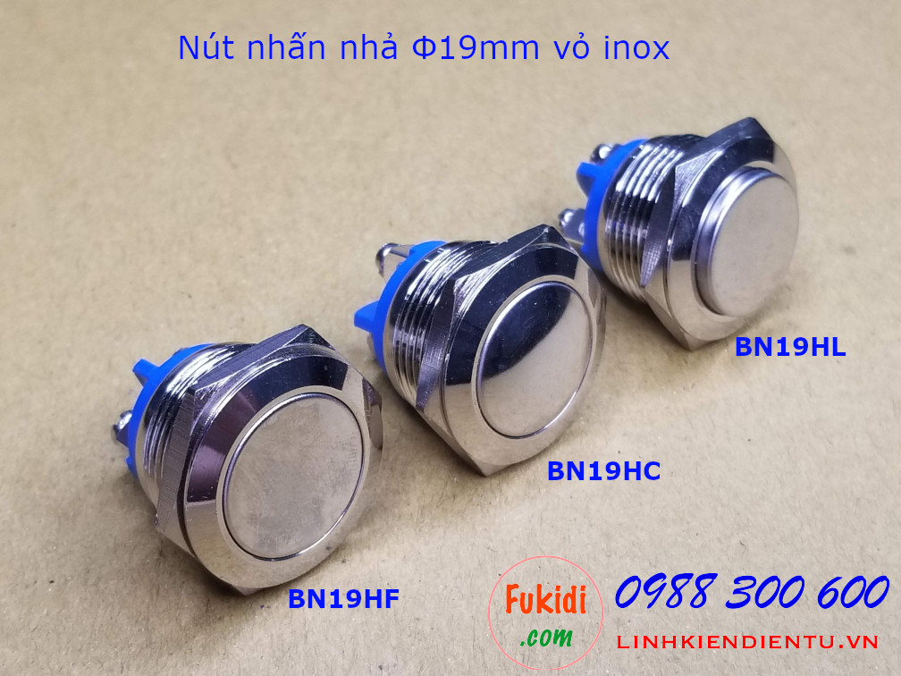 Nút nhấn nhả phi 19mm vỏ inox hai chân đầu nút phẳng - BN19HF