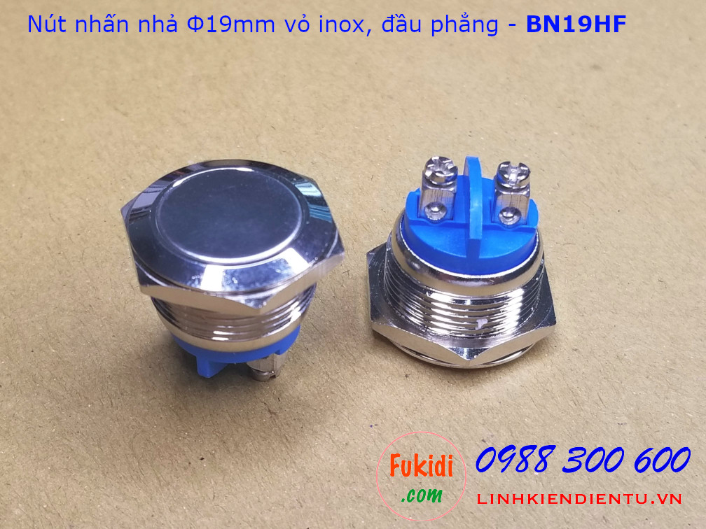 Nút nhấn nhả phi 19mm vỏ inox hai chân đầu nút phẳng - BN19HF