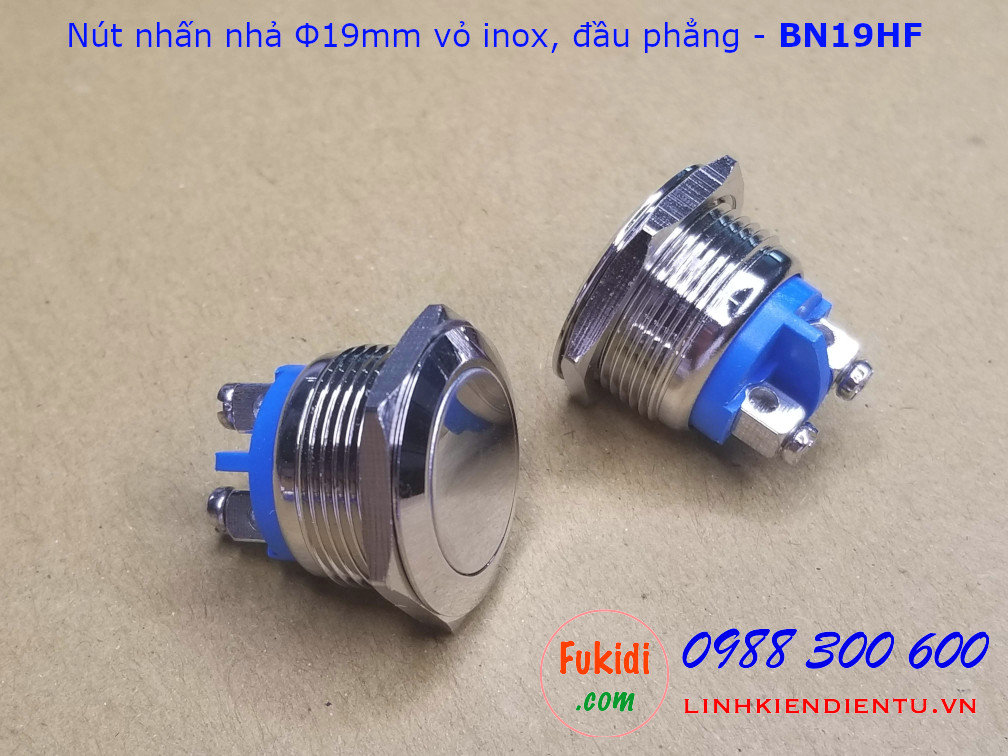 Nút nhấn nhả phi 19mm vỏ inox hai chân đầu nút phẳng - BN19HF