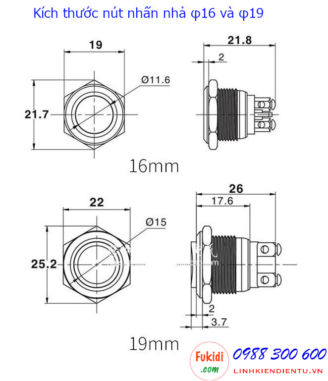 Chi tiết bản vẽ kích thước của nút nhấn nhả BN19HF