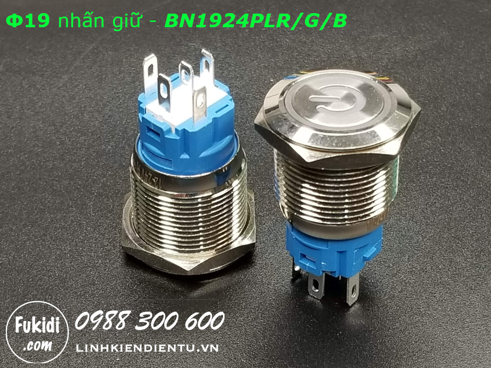 Nút nhấn giữ Φ19 có đèn hình logo nguồn màu xanh lá, điện áp 12-24V - BN1924PLG