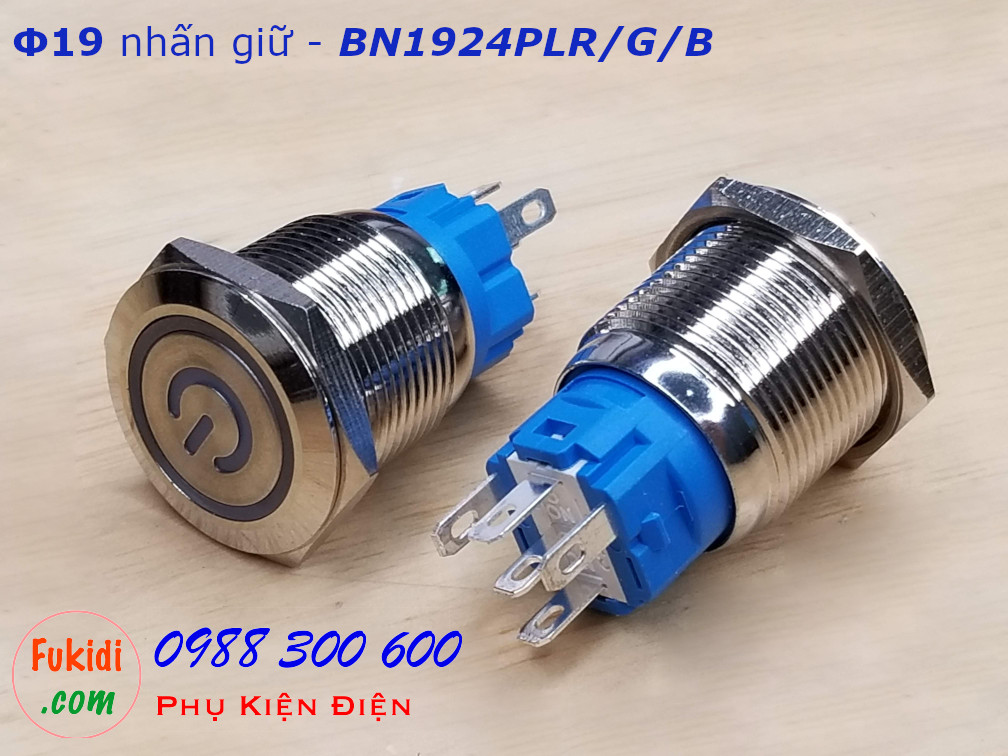 Nút nhấn giữ Φ19 có đèn hình logo nguồn màu xanh lá, điện áp 12-24V - BN1924PLG