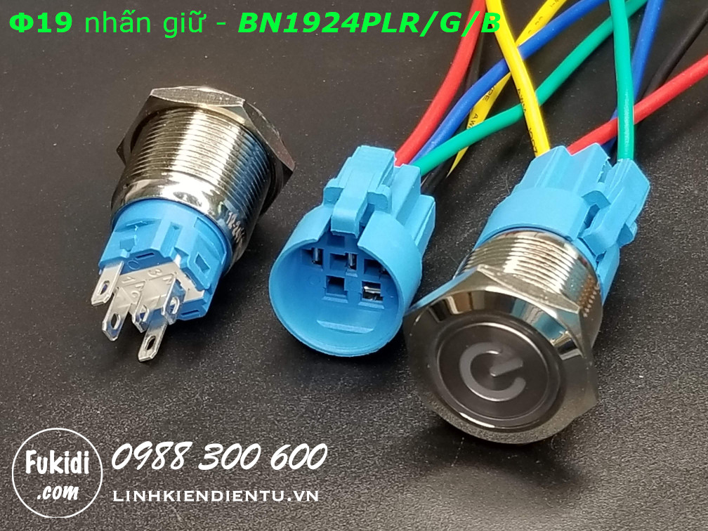 Nút nhấn giữ Φ19 có đèn hình logo nguồn màu xanh lá, điện áp 12-24V - BN1924PLG