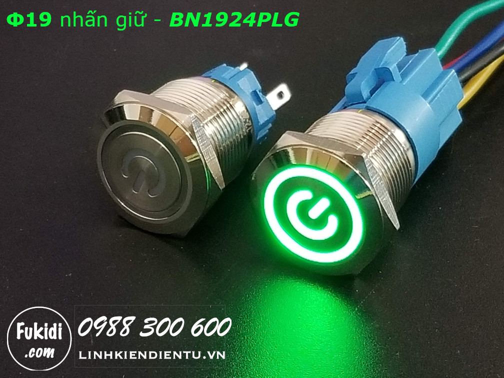 Nút nhấn giữ Φ19 có đèn hình logo nguồn màu xanh lá, điện áp 12-24V - BN1924PLG