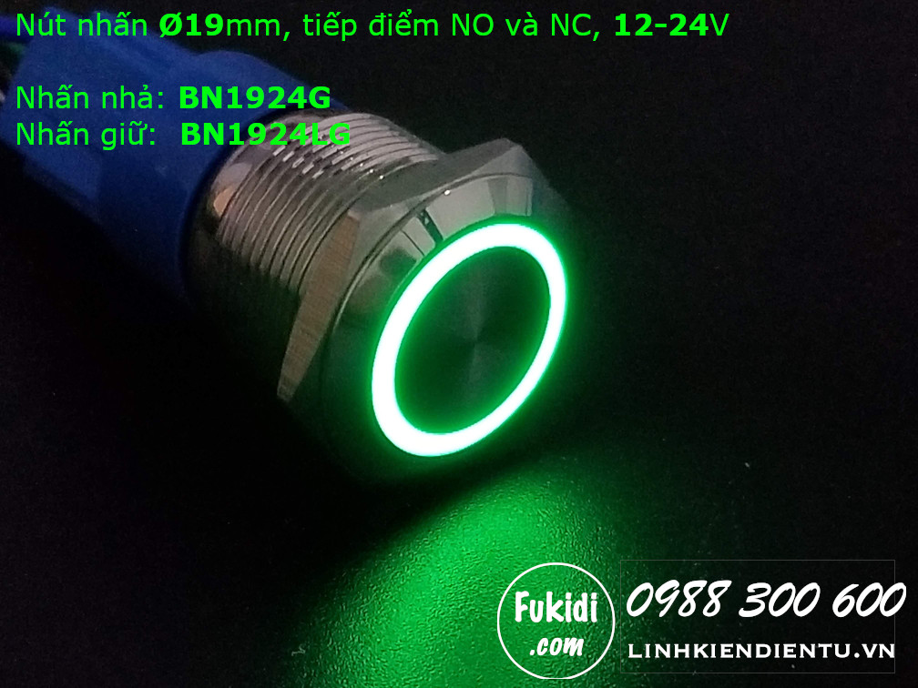Nút nhấn giữ Ø19mm vỏ inox có đèn tròn màu xanh lá, điện áp 12-24V - BN1924LG