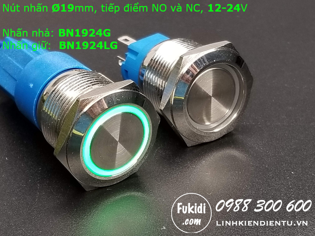 Nút nhấn giữ Ø19mm vỏ inox có đèn tròn màu xanh lá, điện áp 12-24V - BN1924LG