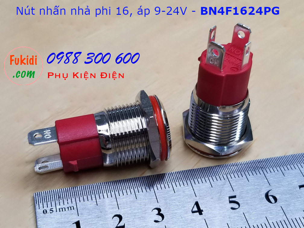 Nút nhấn nhả phi 16 bốn chân, vỏ inox có đèn hình nút nguồn màu đỏ, điện áp 9-24v - BN4F1624PR