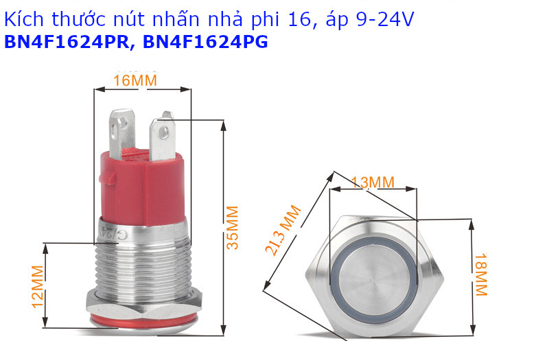 Nút nhấn nhả phi 16 bốn chân, vỏ inox có đèn hình nút nguồn màu đỏ, điện áp 9-24v - BN4F1624PR