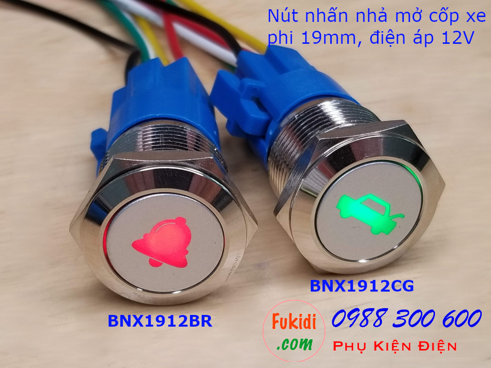 Nút nhấn nhả phi 19mm đèn hình mở cốp xa màu xanh lá điện áp 12V - BNX1912CG