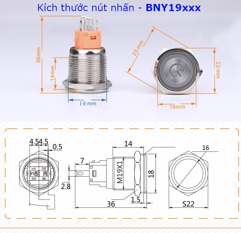 Nút nhấn nhả φ19mm đui vàng có đèn tròn màu đỏ 12V - BNY1912R