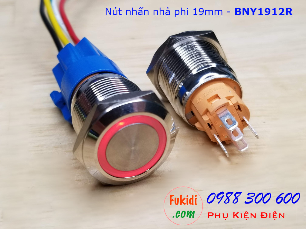 Nút nhấn nhả φ19mm đui vàng có đèn tròn màu đỏ 12V - BNY1912R