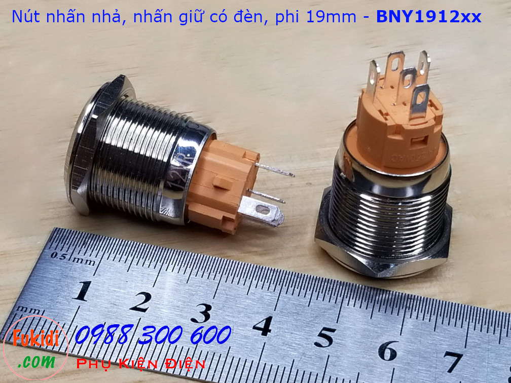 Nút nhấn nhả φ19mm đui vàng có đèn tròn màu đỏ 12V - BNY1912R