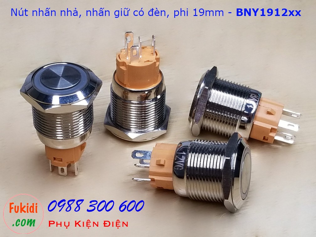 Nút nhấn nhả φ19mm đui vàng có đèn tròn màu đỏ 12V - BNY1912R