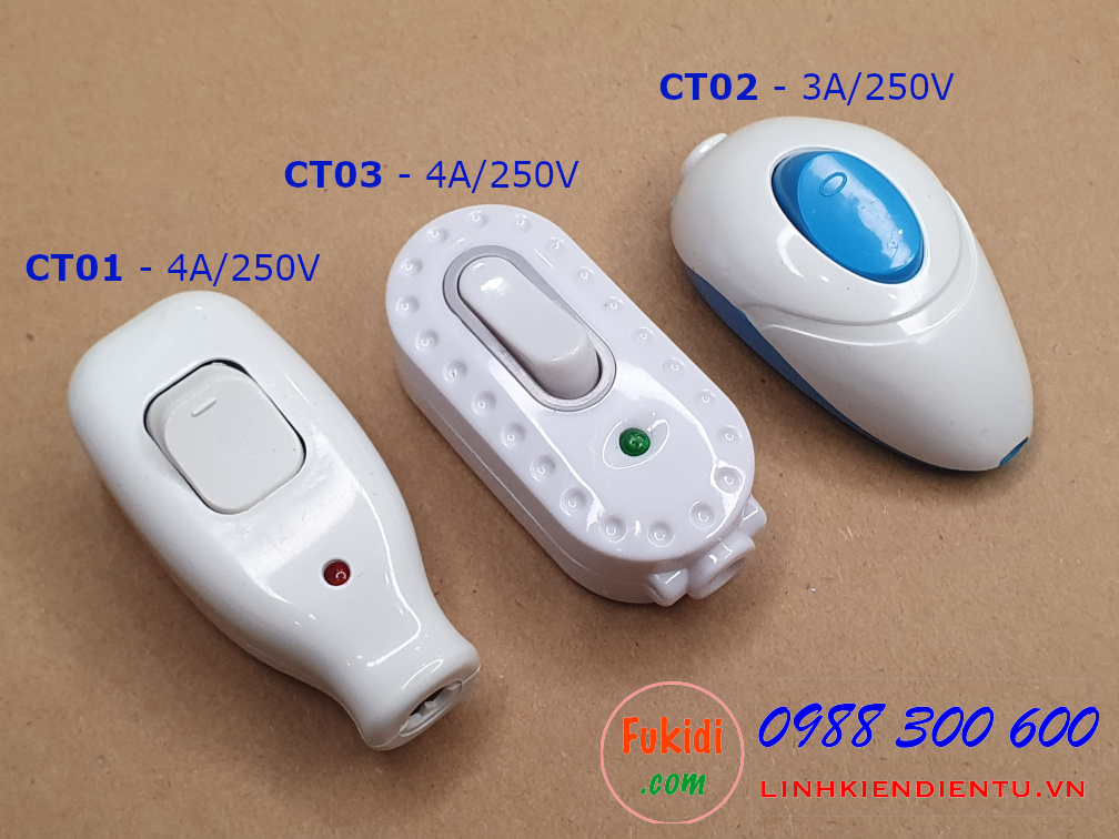 Ba mẫu công tắc treo dây 4A/250VAC là CT01, CT02 và CT03