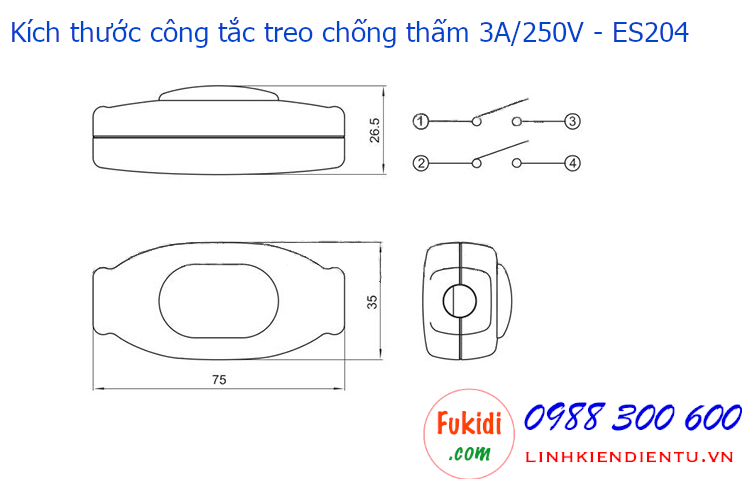 Công tắc treo dây 3A250V chống nước IP65 dạng công tắc bập bênh, màu đen ESW204