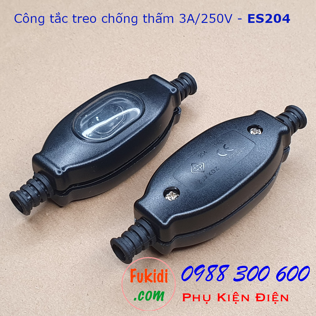 Công tắc treo dây 3A250V chống nước IP65 dạng công tắc bập bênh, màu đen ES204